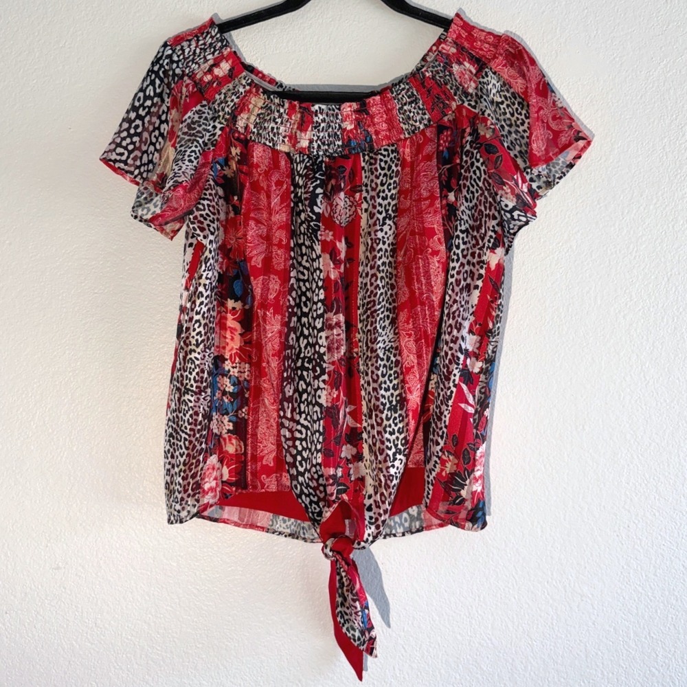 INC International Concepts Red Mixed Print Tie Front Off Shoulder Blouse Medium